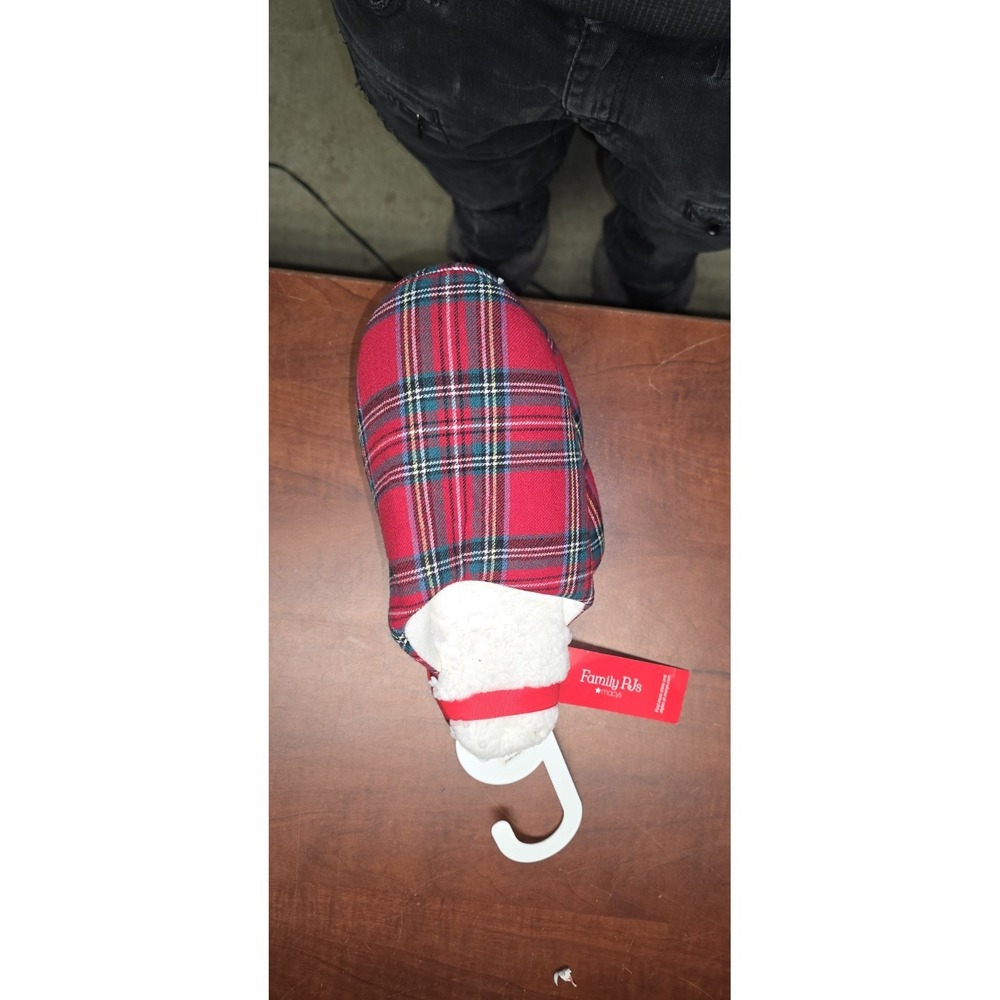 Family PJs red tartan plaid slippers from Macy's.
